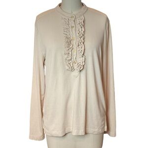 Tory Burch Ruffle Front Long Sleeve Pima Cotton XL Ivory Top